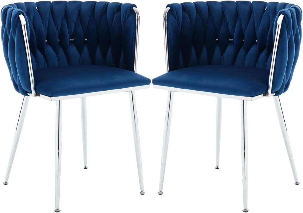 Velvet Dining Chairs Velvet Woven Upholstered Dining Room Chair Modern Armrest Lounge Chair with Metal Legs for Dining Kitchen Vanity Chair for Makeup Room (Navy+Sliver Leg, Set of 2)