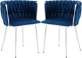 Velvet Dining Chairs Velvet Woven Upholstered Dining Room Chair Modern Armrest Lounge Chair with Metal Legs for Dining Kitchen Vanity Chair for Makeup Room (Navy+Sliver Leg, Set of 2)
