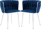 Velvet Dining Chairs Velvet Woven Upholstered Dining Room Chair Modern Armrest Lounge Chair with Metal Legs for Dining Kitchen Vanity Chair for Makeup Room (Navy+Sliver Leg, Set of 2)