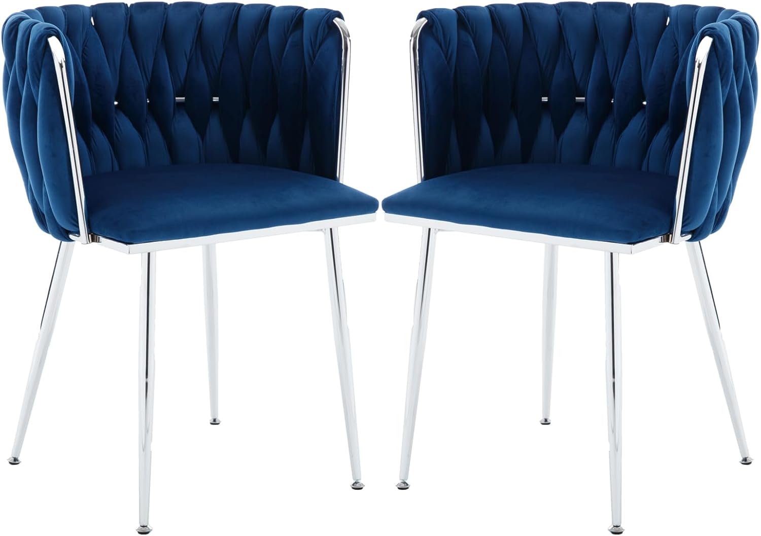 Velvet Dining Chairs Velvet Woven Upholstered Dining Room Chair Modern Armrest Lounge Chair with Metal Legs for Dining Kitchen Vanity Chair for Makeup Room (Navy+Sliver Leg, Set of 2)