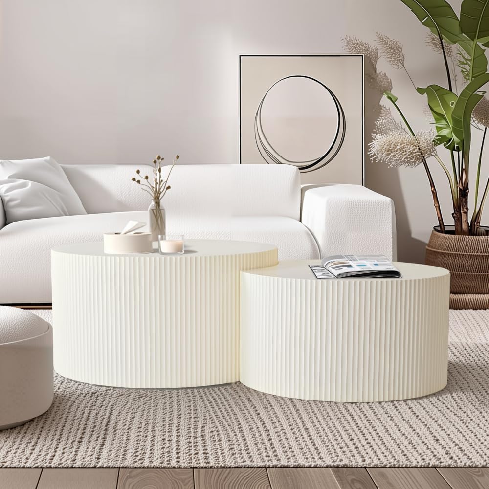 Brilluxa Nesting Coffee Table Set of 2, Vertical Stripe Design, Beige | Two-Piece Nesting Tables with Vertical Stripe Detailing for Living Rooms and Bedrooms