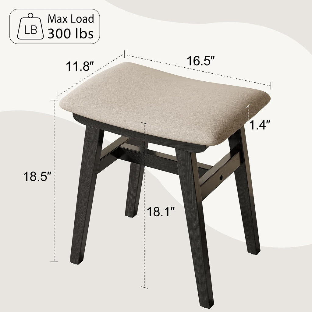 Muwuele Solid Wood Vanity Stool, Compact Makeup Chair with Saddle Cushion, Linen-Covered High Rebound Sponge Seat, Easy Assembly Footstool for Bedroom, Entryway, Home, Black