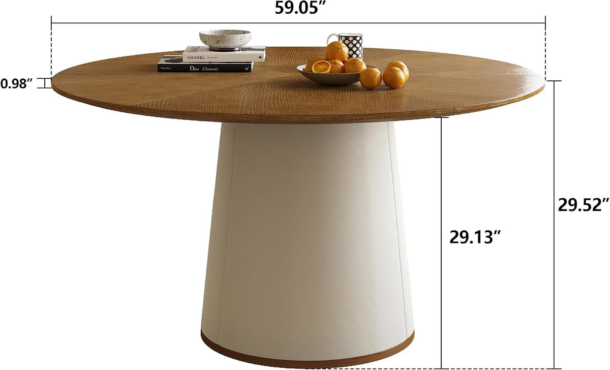 59” Modern Round Dining Table, Featuring a Decorative parquet Wood Veneer Tabletop paired with a Sturdy Cylindrical Base Structure, Suitable for Kitchen, Family Dining Room.