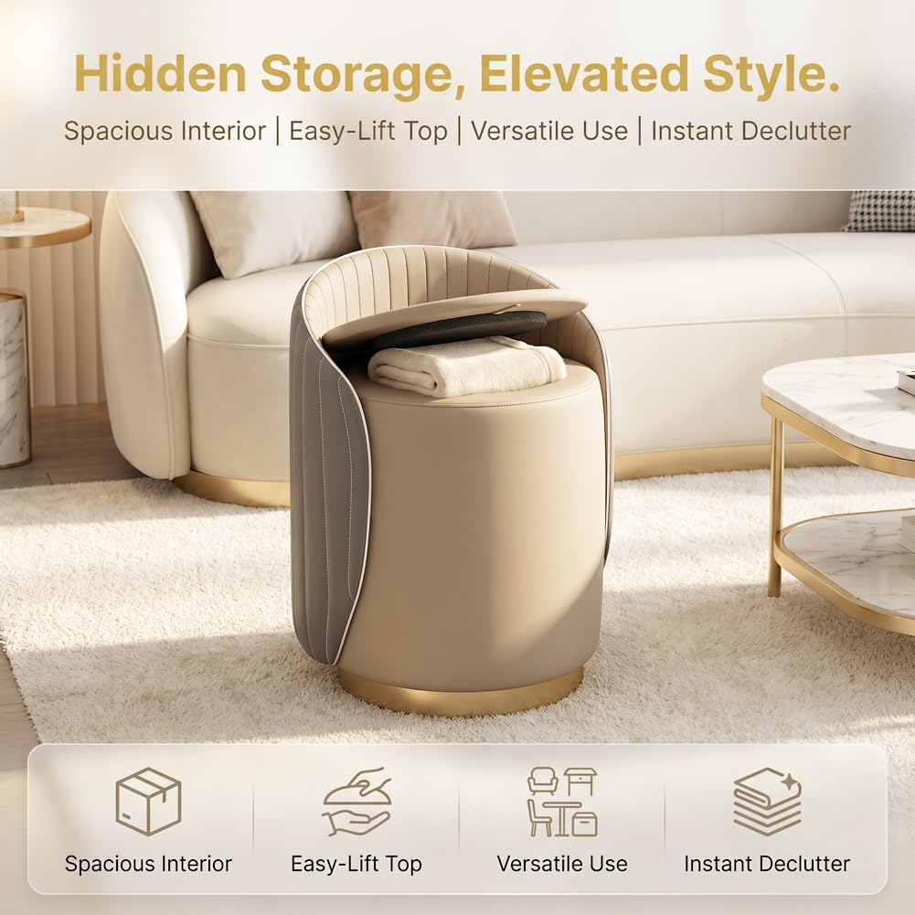 Luxury Vanity Stool with Storage, 360° Swivel Vanity Chair with Back, 400lbs Round Ottoman Leather Makeup Vanity Stool, Dressing Table Seat for Bedroom Bathroom Dressing Room (Gray- B)