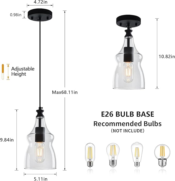 Modern Glass Pendant Lights Kitchen Island Black Pendant Light with 5.11 in Clear Glass Shade Kitchen Pendant Lighting Over Island Bedroom Dining Room (1 Pack)
