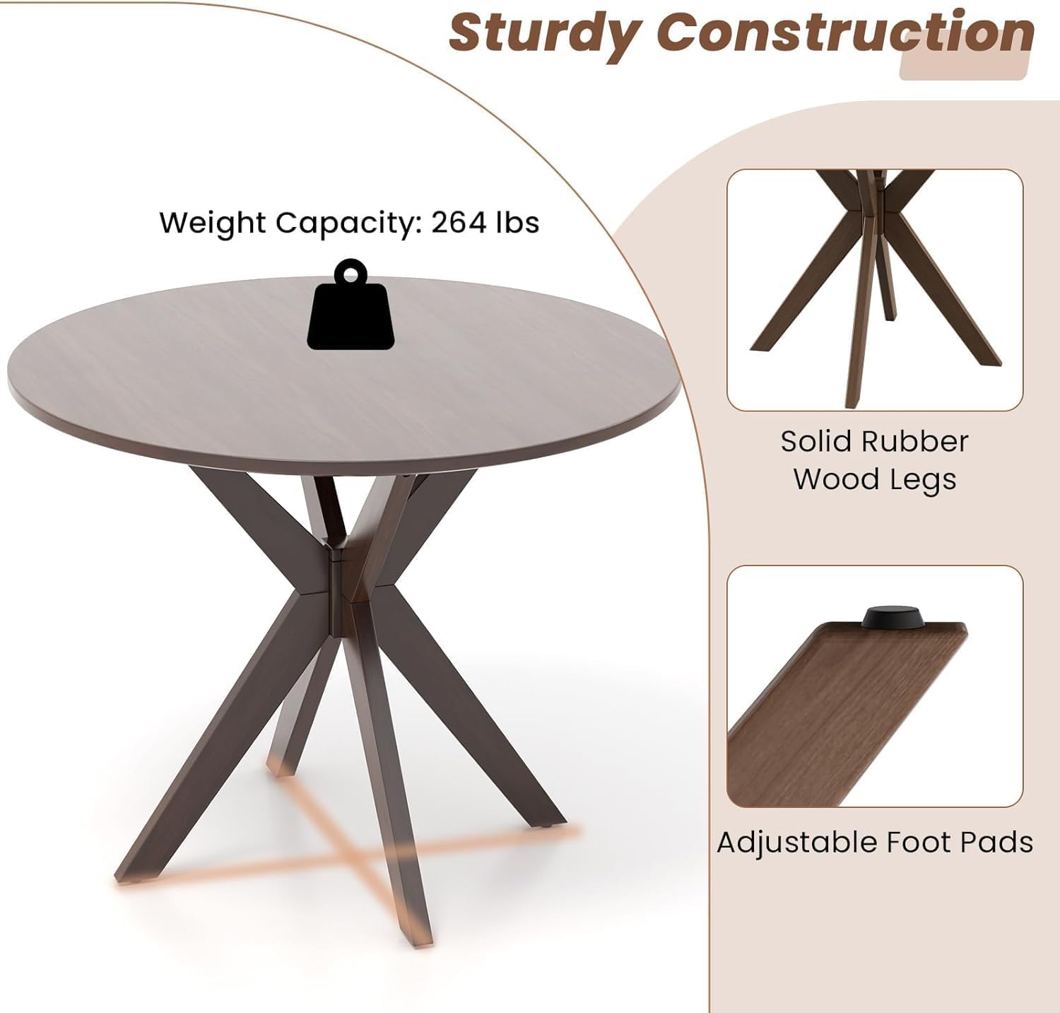 COSTWAY 36" Round Dining Table, Solid Wood Kitchen Table with Intersecting Pedestal Base and Adjustable Foot Pads for Home, Office, Small Space, Cafe, Bar