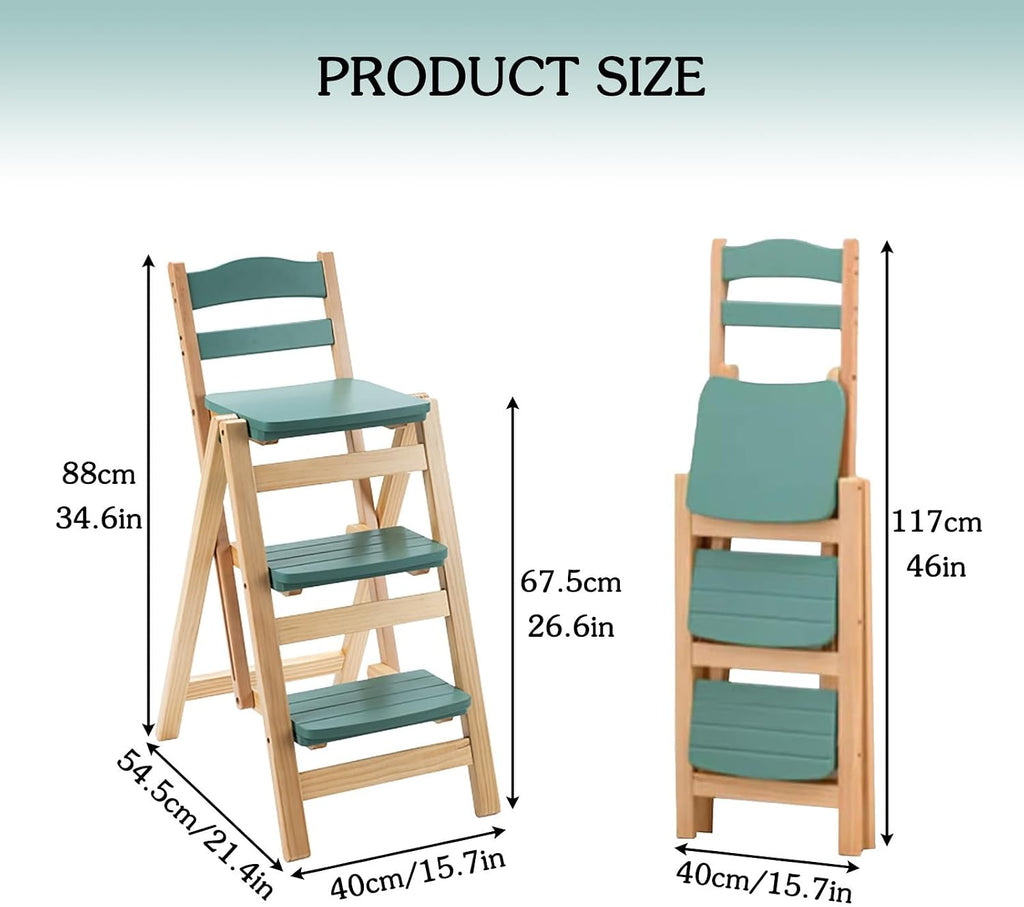 Solid Wood Folding Bar Stool Height Foldable Stool Tall Stool 3 Step Multifunction Indoor Ladder Stool Portable Foldable Stool Step Stool for Household Kitchen Bathroom Storage Shelf(Blue)
