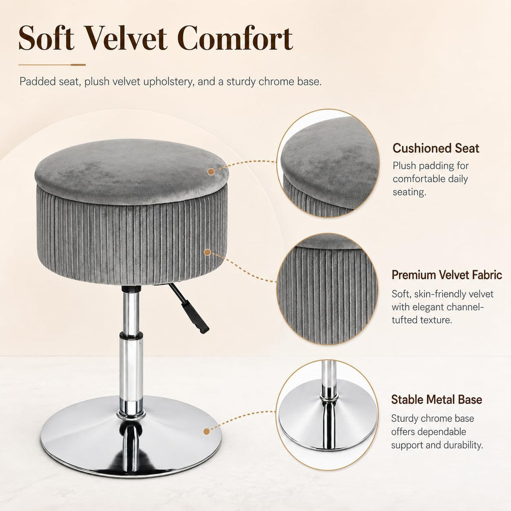 2 in 1 Adjustable Storage Vanity Stool with Flip-Over Wood Tray | 360° Swivel Vanity Chair with Storage, Small Round Makeup Stool for Vanity, Gray Velvet