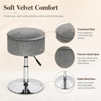 2 in 1 Adjustable Storage Vanity Stool with Flip-Over Wood Tray | 360° Swivel Vanity Chair with Storage, Small Round Makeup Stool for Vanity, Gray Velvet