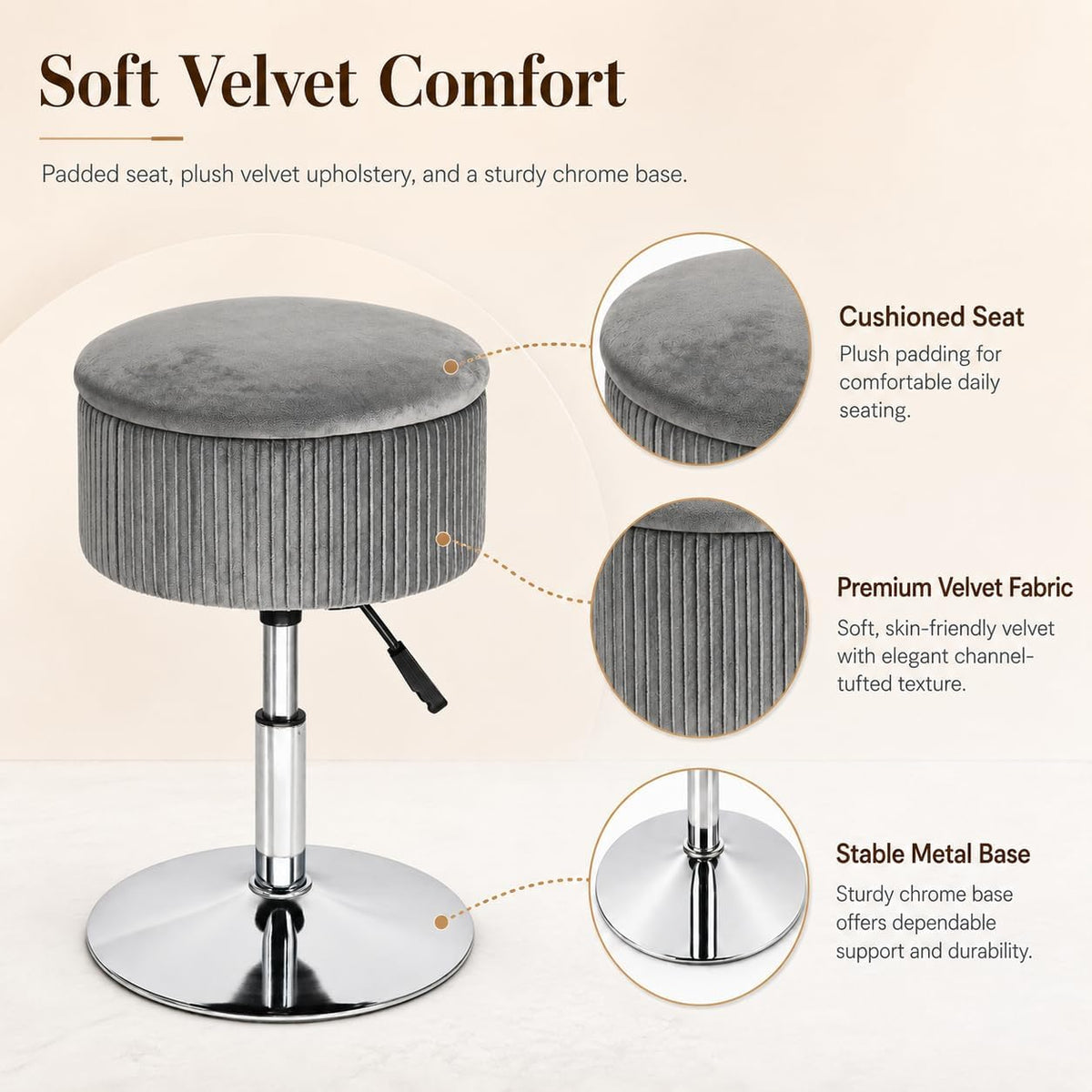 2 in 1 Adjustable Storage Vanity Stool with Flip-Over Wood Tray | 360° Swivel Vanity Chair with Storage, Small Round Makeup Stool for Vanity, Gray Velvet
