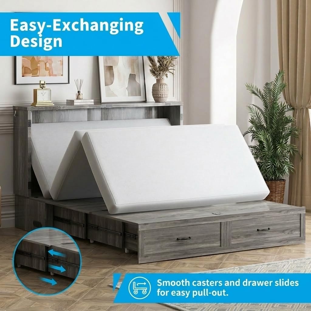 Mjkone 63" W Queen Murphy Bed, Cabinet Beds Queen Size with Built-in Charging Station and Drawer, Modern Cabinet Murphy Chest Bed, Hidden Guest Wall Beds, Space Saving - Grey (No Mattress)