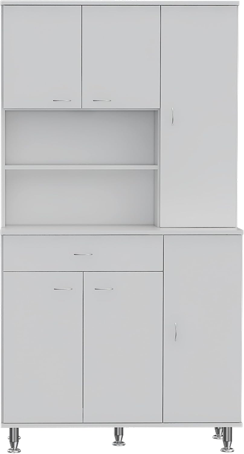 90 Kitchen Pantry Cabinet with Open Shelves, Drawer & Multiple Cabinets, White, Functional Storage for Kitchenware