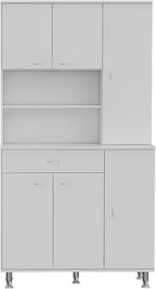90 Kitchen Pantry Cabinet with Open Shelves, Drawer & Multiple Cabinets, White, Functional Storage for Kitchenware