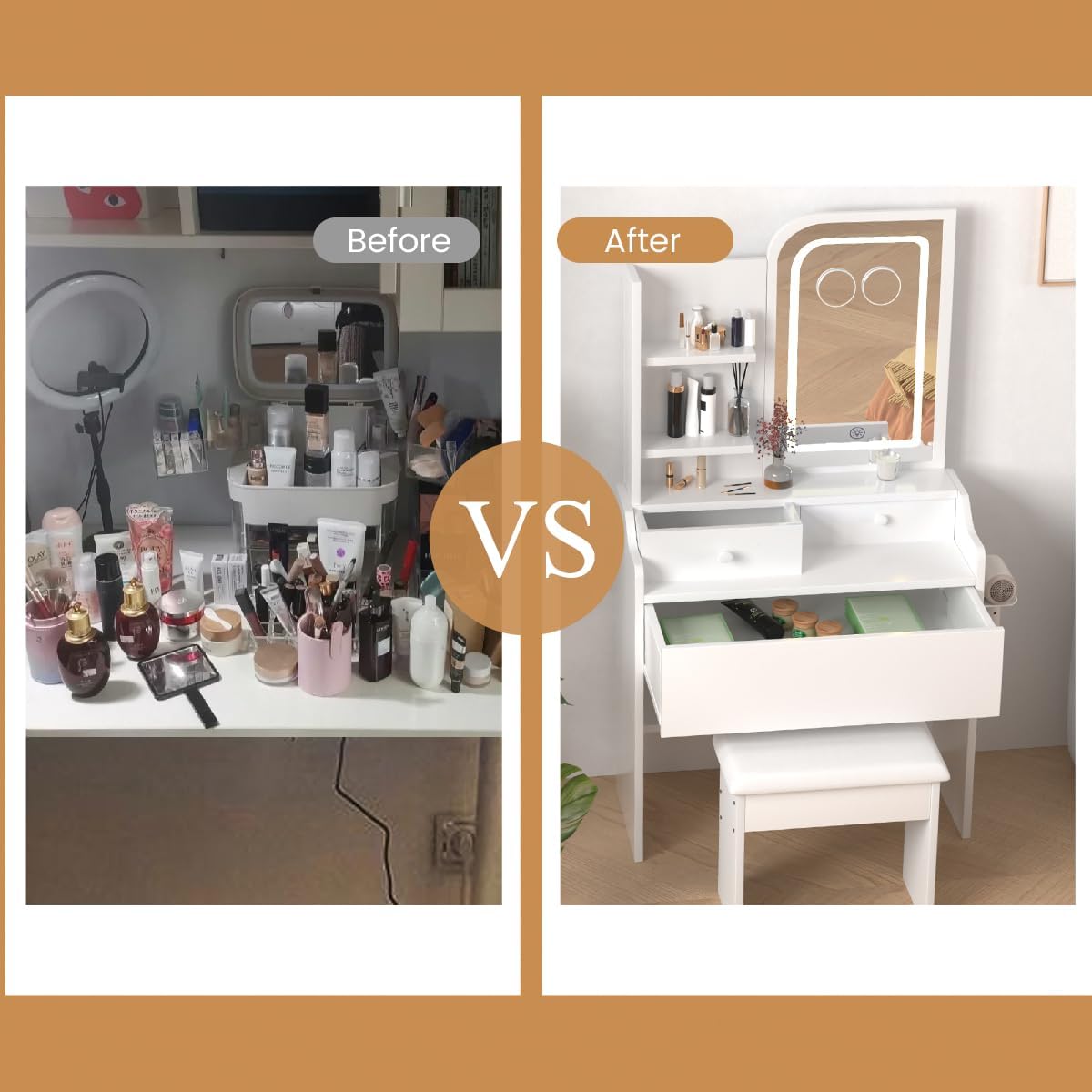 HOMEMORE Vanity Desk with LED Mirror Small Vanity with Lights 3X and 5X Magnifying Glasses 3 Drawers Makeup Table with Chair for Bedroom.White