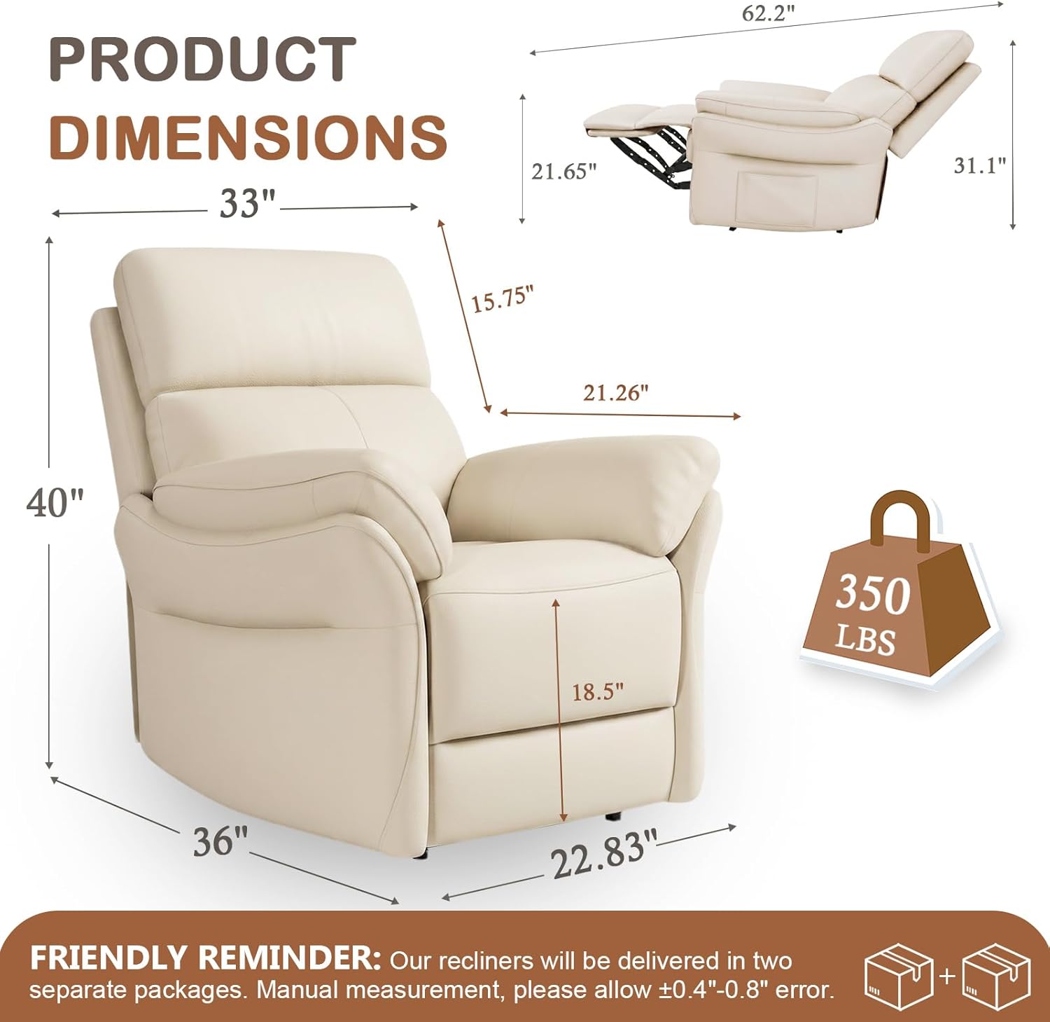 AIRSKY Genuine Leather Recliner Chair for Adults