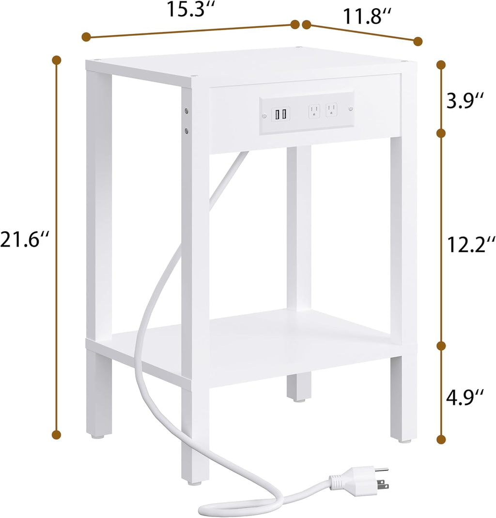 MMEOLUOOK End Table with Charging Station, Sofa Side Table Set of 2, 2-Tier Storage Shelf for Small Space, Nightstands for Living Room Bedroom Bedside Tables White MLBZ14WE-2