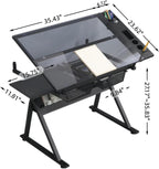 Drafting Table Desk, Painting Table Art Craft Desk Crafting Table with Tilting Tempered Glass Top, 2 Storage Drawers, Height Adjustable