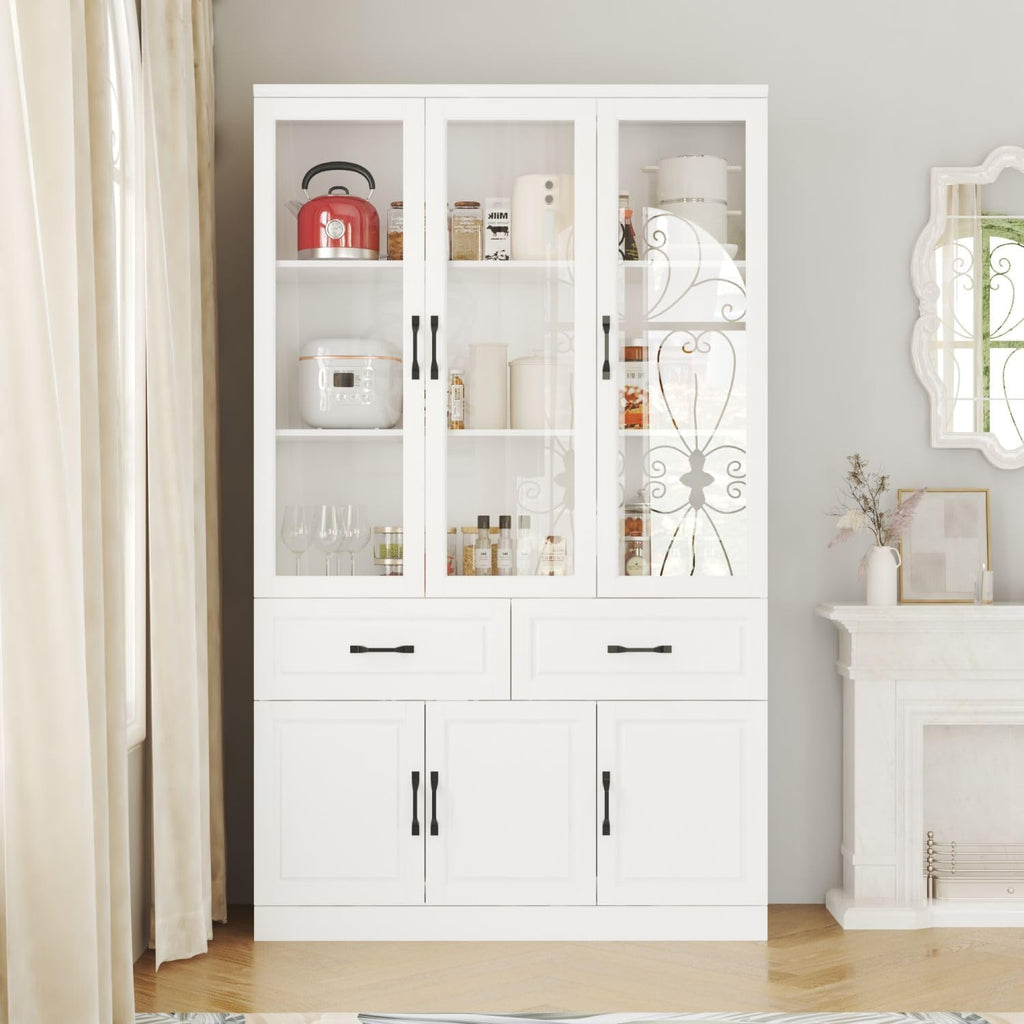 MOUMON Pantry Cabinet Kitchen Storage Cabinet with 3 Glass Doors, Kitchen Pantry with Shelves & 2 Drawers, White (47.2”W x 15.7”D x 78.7”H)