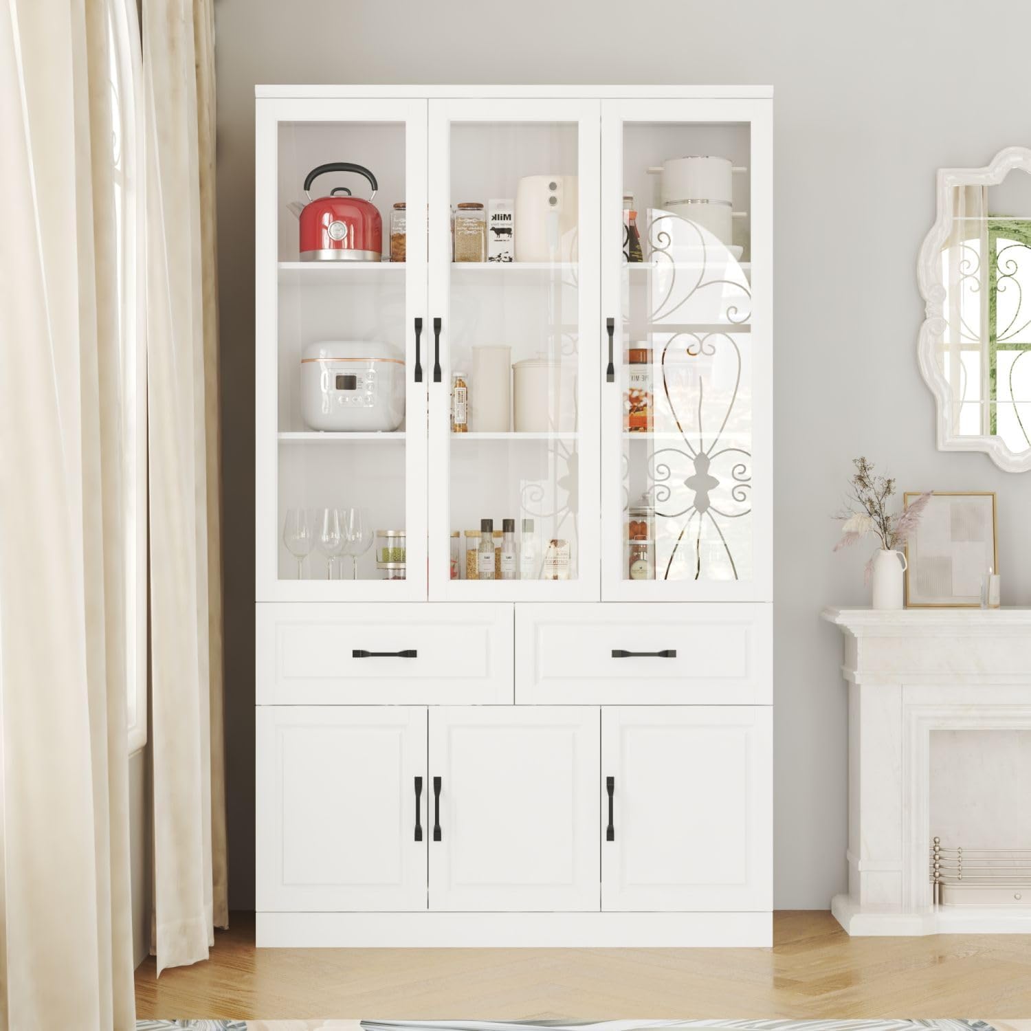 MOUMON Pantry Cabinet Kitchen Storage Cabinet with 3 Glass Doors, Kitchen Pantry with Shelves & 2 Drawers, White (47.2”W x 15.7”D x 78.7”H)