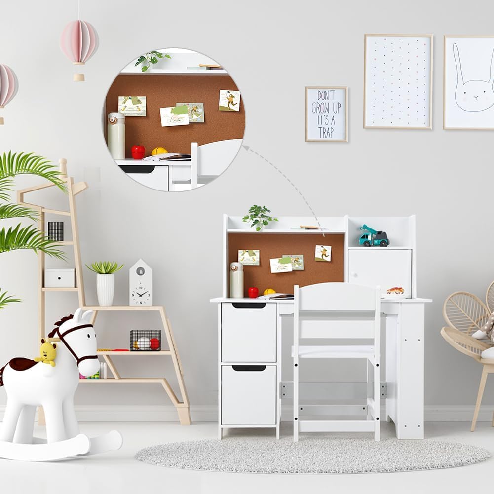 White Study Desk and Chair Set with Storage | Kids' Learning Table for Boys and Girls, Ages 3-8