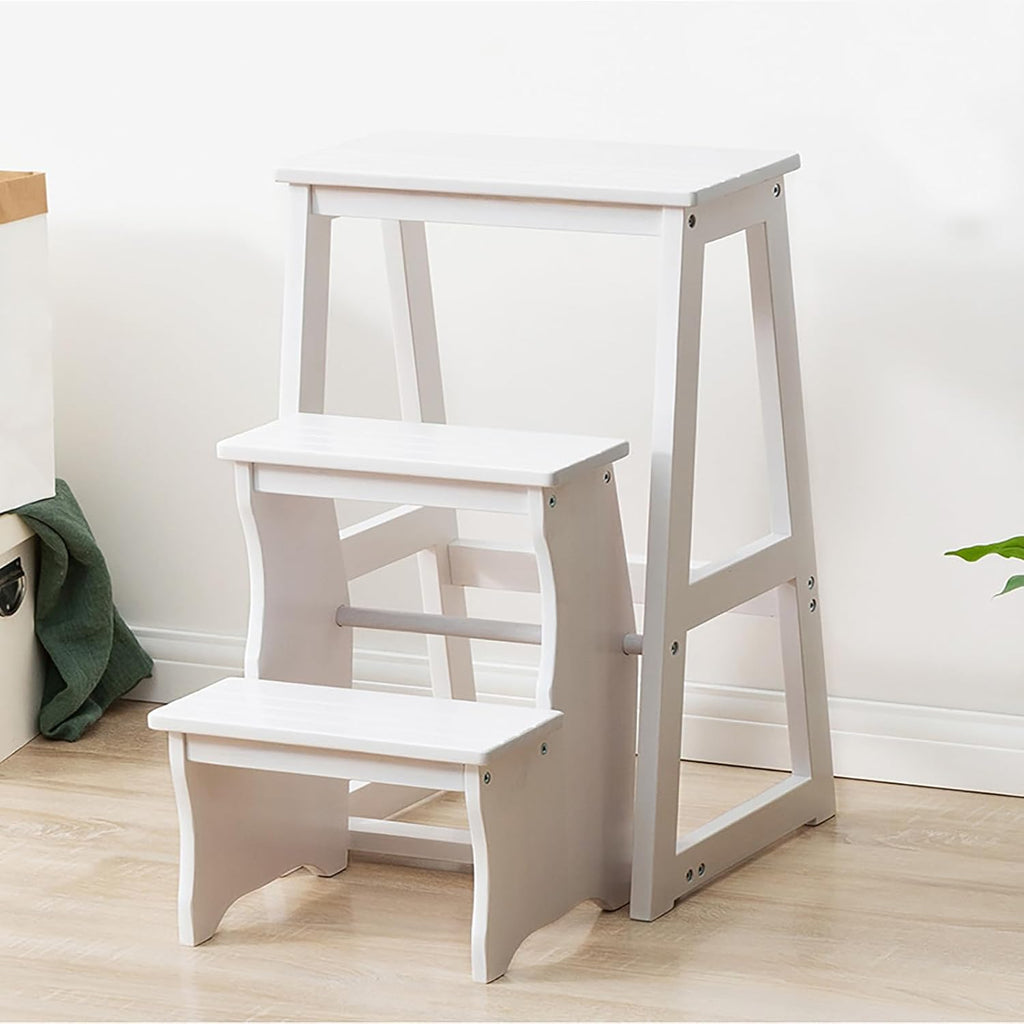 Solid Wood Folding Library Ladder Chair, Lightweight Portable Multifunctional Step Stool, 3-Step Stool Stepladders, Display Stand and Flower Stand for Kitchens, Garages (White)
