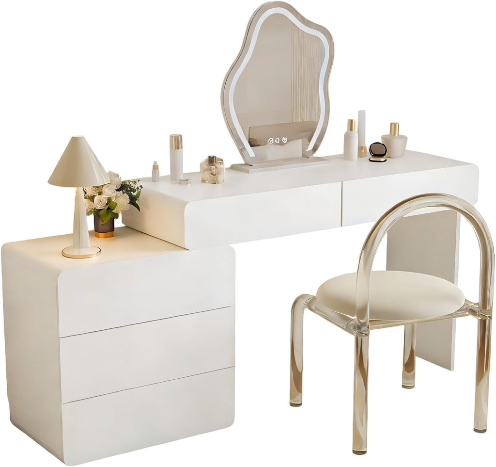 IKuinen White Makeup Vanity with Mirror and Lights, Vanity Set with Free Retractable Side Cabinet, Dresser Table with 5 Solid Wood Drawers, Luxury Dressing Table with Stylish Stool