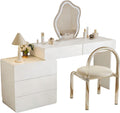 IKuinen White Makeup Vanity with Mirror and Lights, Vanity Set with Free Retractable Side Cabinet, Dresser Table with 5 Solid Wood Drawers, Luxury Dressing Table with Stylish Stool