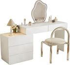 IKuinen White Makeup Vanity with Mirror and Lights, Vanity Set with Free Retractable Side Cabinet, Dresser Table with 5 Solid Wood Drawers, Luxury Dressing Table with Stylish Stool