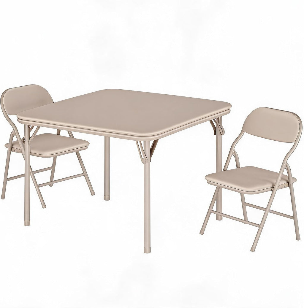 Kids Folding Table and Chairs Set – Upholstered PU Leather, Lightweight Metal Frame, Soft Cushions, Perfect for Dining, Crafts, Playroom – 3 Piece, Beige, 1 Table + 2 Chairs
