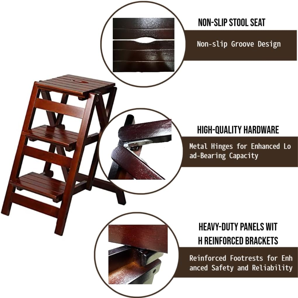 3 Step Stool Wooden Folding Ladder Chair Thickened Library Stair Chair Portable Light Garden Tool Ladder Maximum Load 337bl