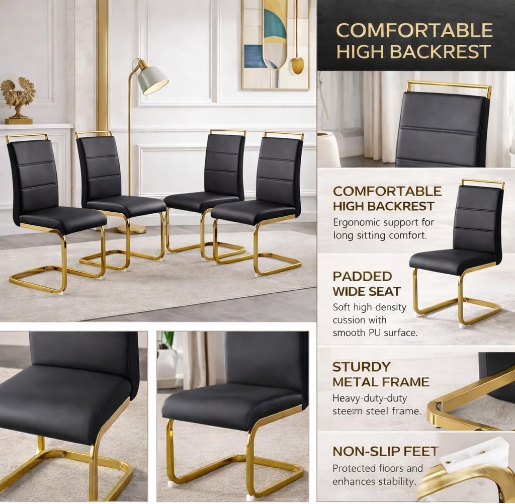 Dining Chairs Set 4, Armless Black Kitchen Chairs,Waterproof Faux Leather Dinner Chairs with Upholstered Seat,Armless Side Chairs with Gold Metal Frame for Kitchen Dining Room