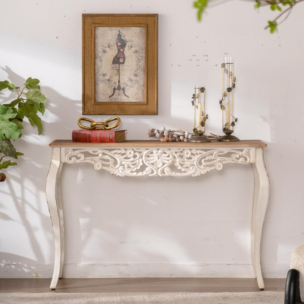 Console Table for Entryway with Carved Details, 43.31" Long Sofa Table Behind Couch, Vintage French Country Entry Table with Wood Carvings and Curved Legs for Hallway, Living Room - Antique White