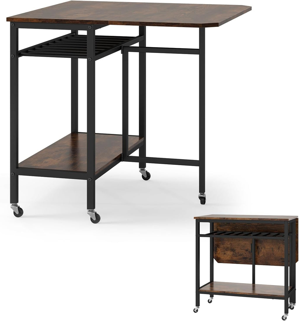 GOFLAME Folding Dining Table, Rolling Kitchen Table with Wine Rack and Storage Shelf, Space Saving Extendable Table with Metal Frame and Lockable Wheels for Living Room, Apartment, Small Space