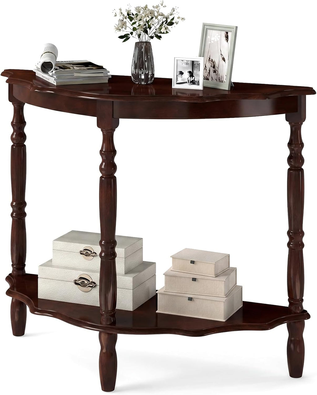 Giantex 42" Half Moon Console Table, 2-Tier Semi-Circle Entryway Table with Storage Shelf & Carved Rubber Wood Legs, Vintage Round Curved Sofa Tables for Living Room, Hallway, Entrance