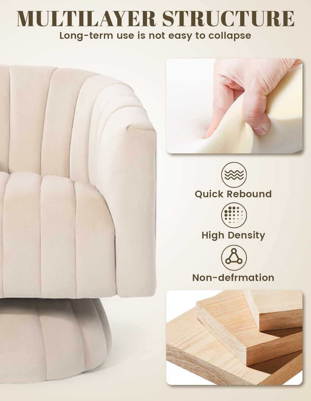 Kromax Swivel Accent Chair, Modern 360 Degree Swivel Barrel Chair, Beige | Mid Century Overstuffed Tufted Velvet Chair with Armrest, Comfy Round Armchair, Ideal for Living Room, Bedroom, Reading Room
