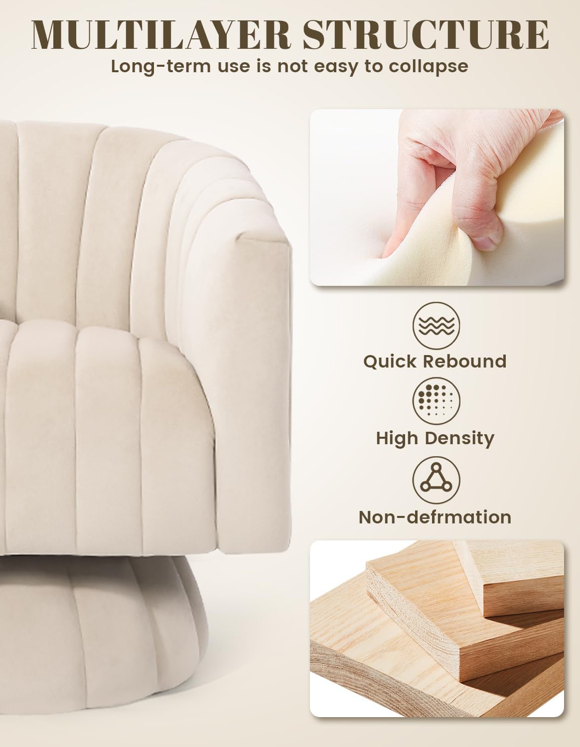 Kromax Swivel Accent Chair, Modern 360 Degree Swivel Barrel Chair, Beige | Mid Century Overstuffed Tufted Velvet Chair with Armrest, Comfy Round Armchair, Ideal for Living Room, Bedroom, Reading Room