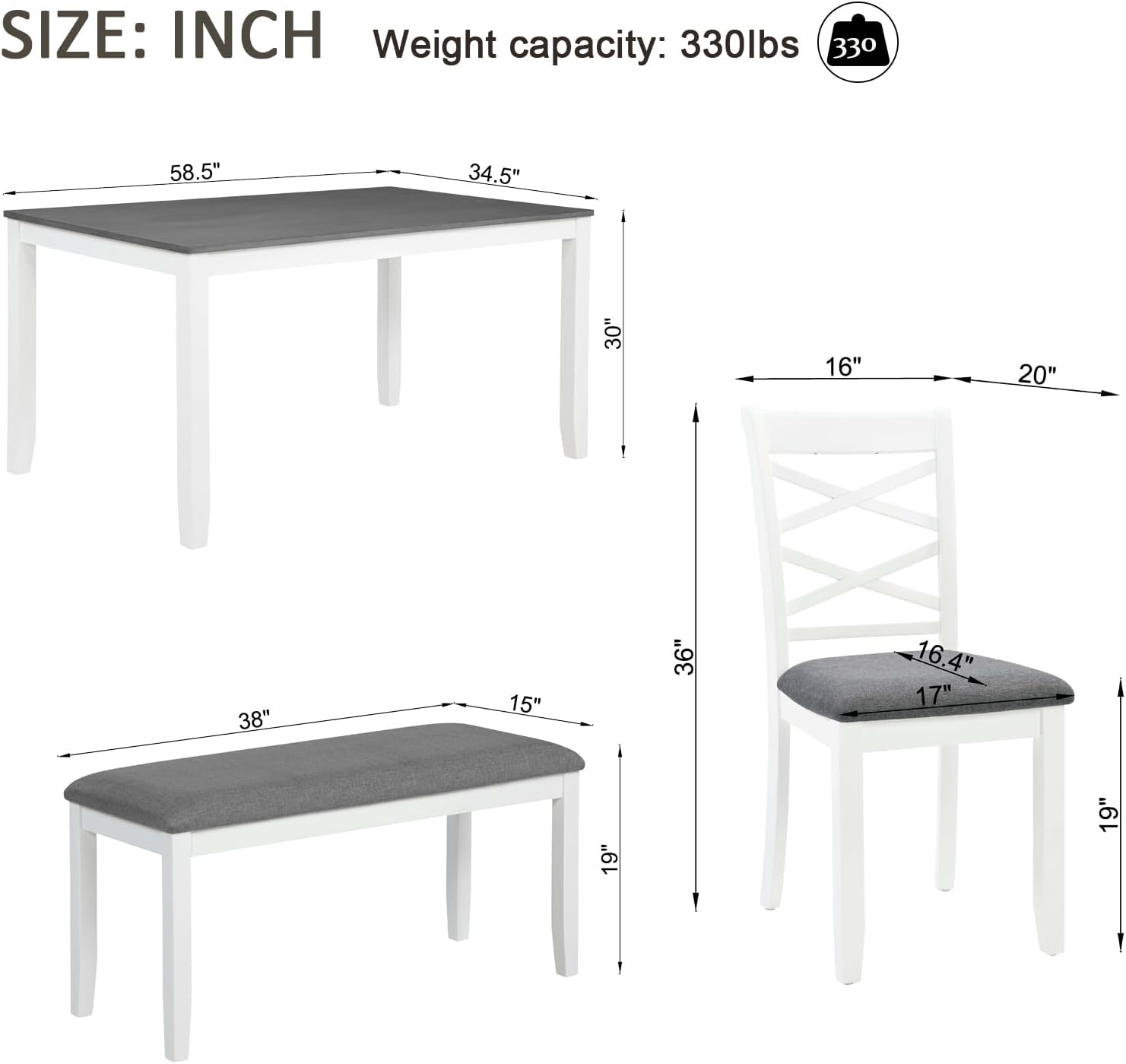 Merax 6-Piece Modern Dining Table Set with Chairs and Bench, Wood Kitchen Table Set for 4-6, Rectangular Kitchen Dining Table for Dining Room, Kitchen, Small Apartment, White+Gray