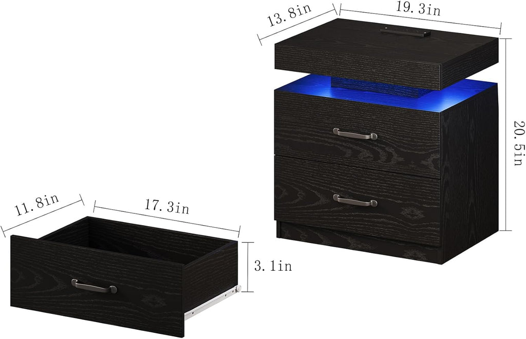 Black Nightstand with Charging Station, Modern Night Stand with LED Lights, End Table Bedside Table with 2 Drawers for Bedroom, Living Room