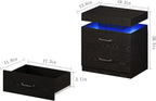 Black Nightstand with Charging Station, Modern Night Stand with LED Lights, End Table Bedside Table with 2 Drawers for Bedroom, Living Room