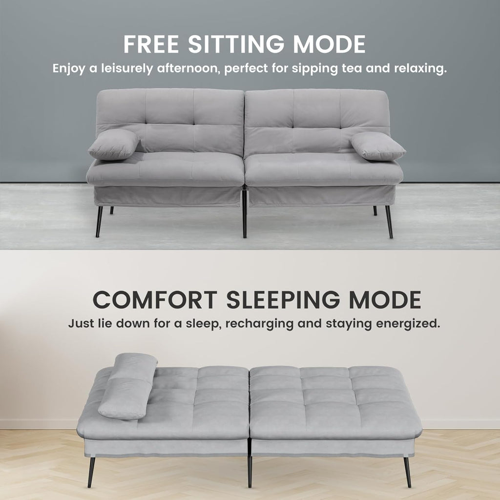 COMHOMA Convertible Futon Sofa Bed, 72″Fabric Futons Couch with Adjustable Backrest, Folding Sleeper Recliner for Living Room Furniture (Grey)