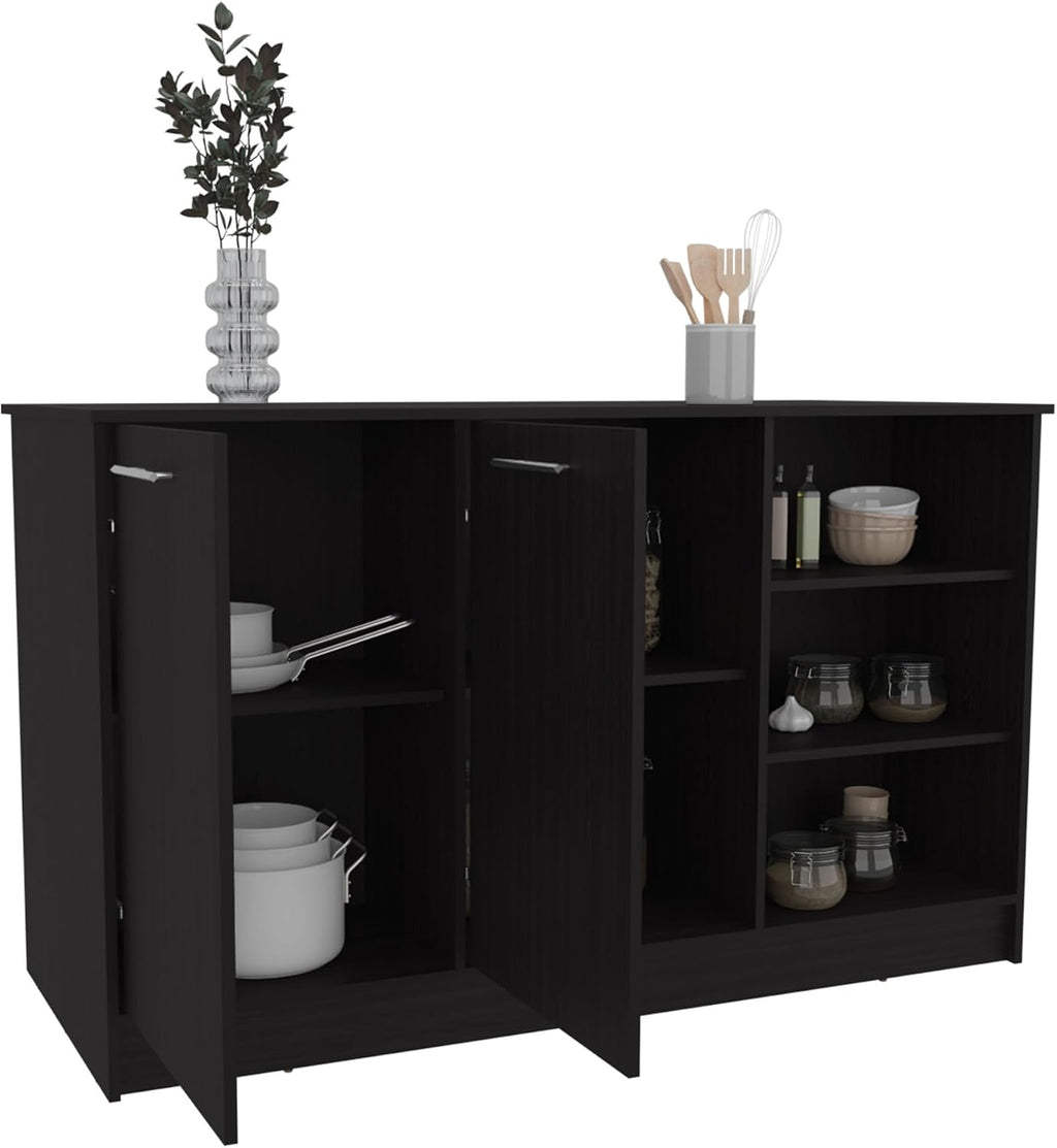 Kitchen Island with Three Open Shelves and Two Cabinets | Spacious countertop and concealed storage for efficient kitchen use