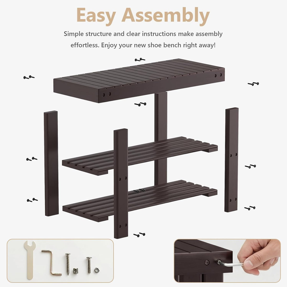 NEWBULIG Shoe Rack Bench, 3-Tier Bamboo Shoe Organizer, Wooden Entryway Storage Bench, 286 lb Load Capacity, 11.2x27.6x17.9 Inches, for Entryway Bathroom Bedroom Balcony, Brown