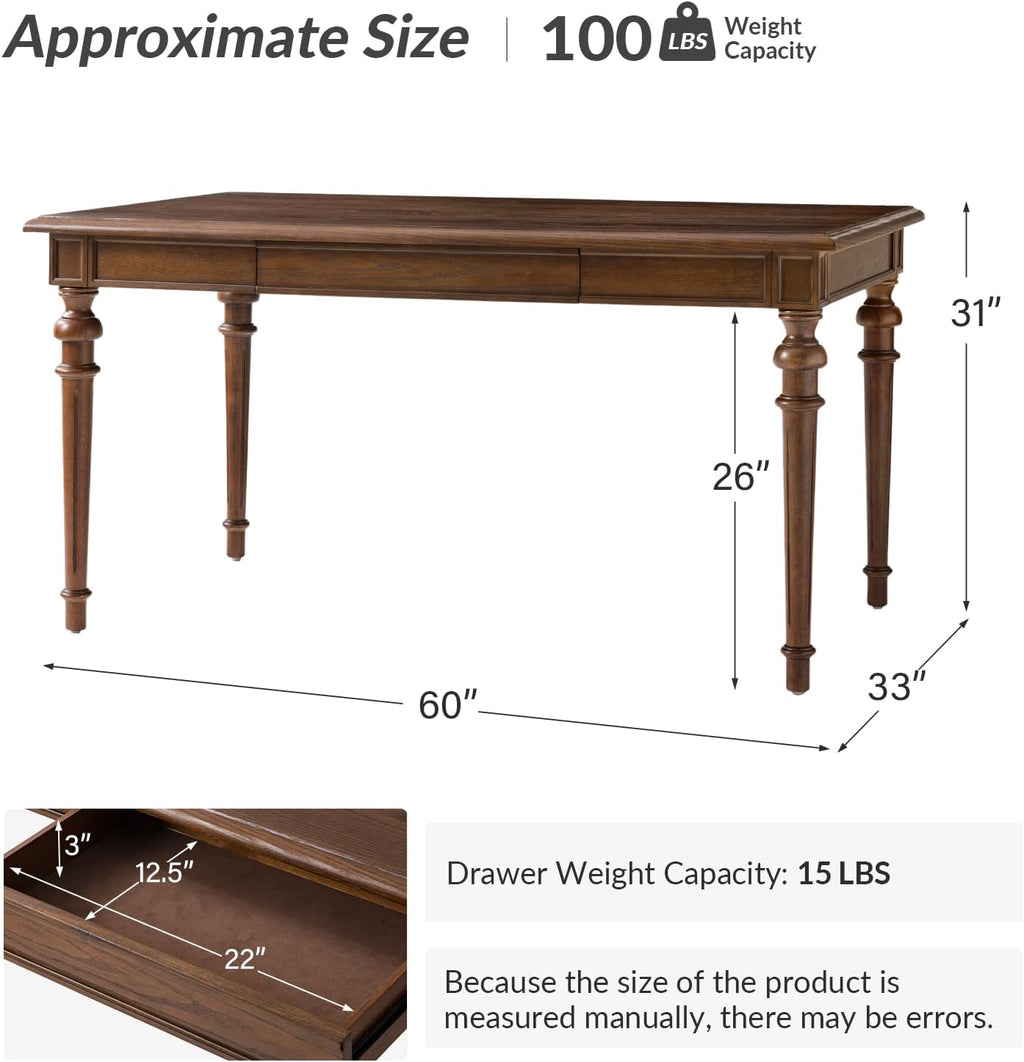 HULALA HOME 60" Farmhouse Solid Wood Dining Room Table for 6 with Drawers, Traditional Kitchen Wooden Table with Spindle Legs, Walnut