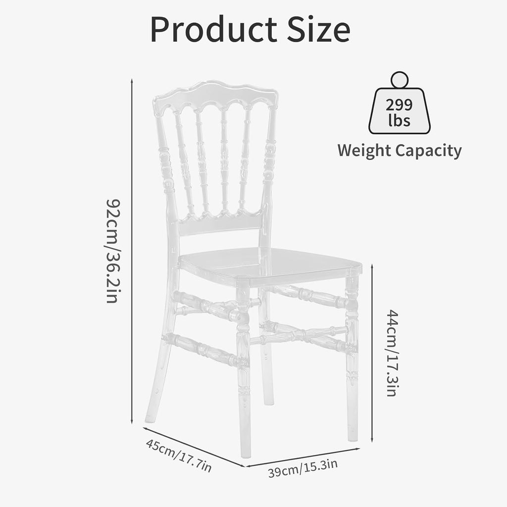Clear Acrylic Napoleon Chair for Dining, Weddings and Events | Modern Acrylic Seat, Plastic Transparent Crystal Chairs, Armless See Through Chair for Vanities, Banquets, Kitchens