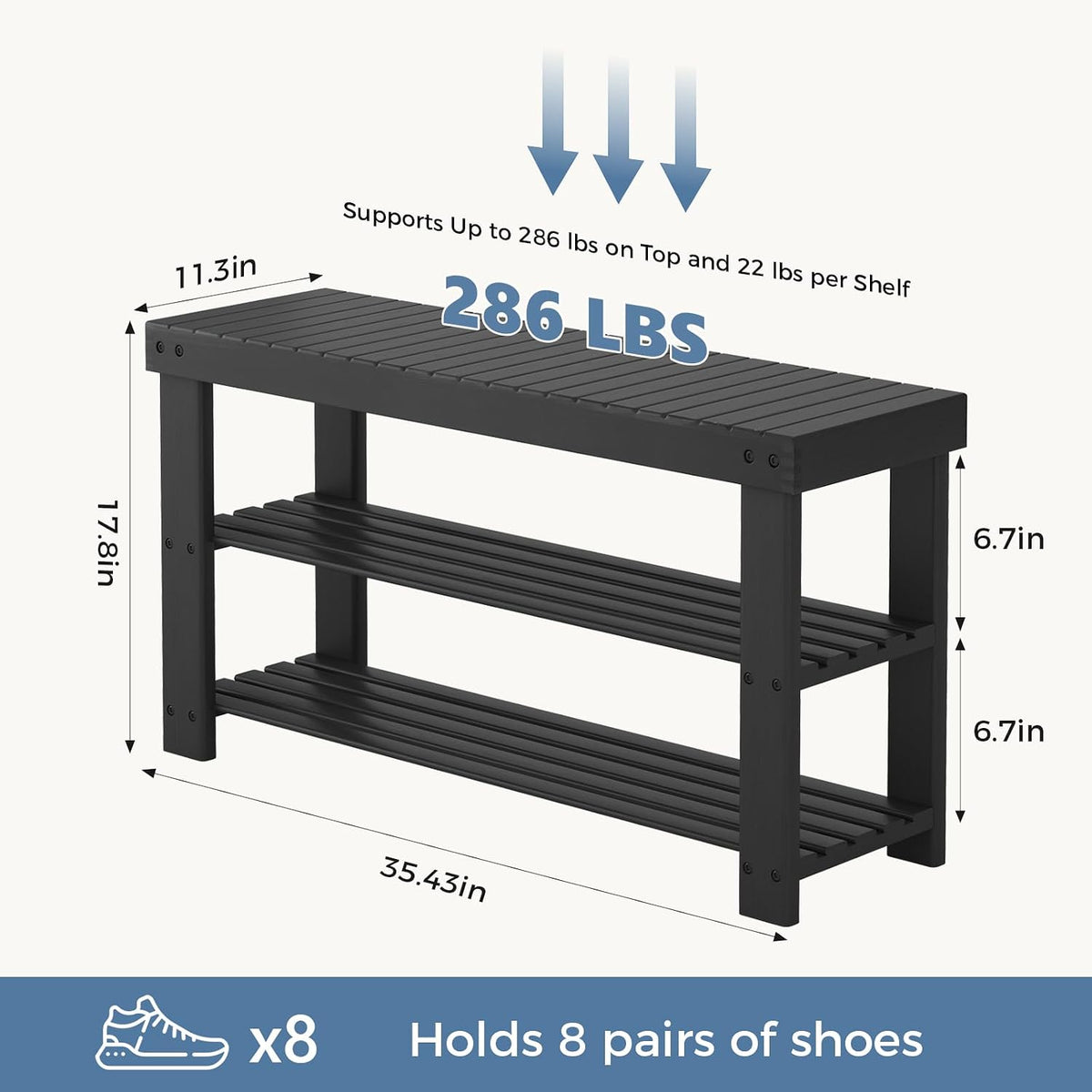 DUMOS Wooden Shoe Rack Bench with Storage, 3-Tier Bamboo Entryway Benches, Shoe Rack Holds Up to 286 lb Storage Organizer, 11.3 x 35.43 x 17.8 Inches, Suitable for Bedroom Living Room Balcony, Black