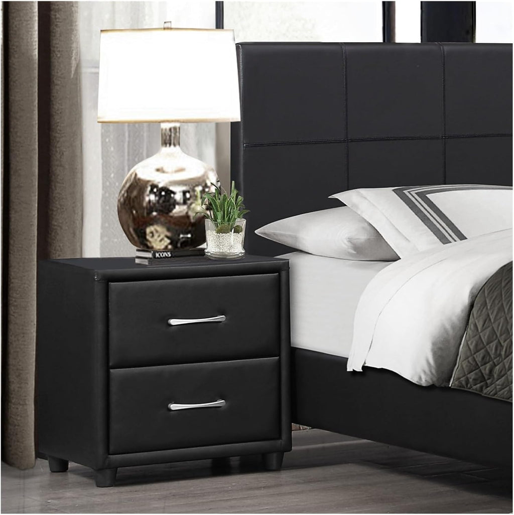 Contemporary Durable Faux Leather Covering Nightstand of Drawers Silver Tone Bar Pulls Stylish Furniture,for Small Spaces