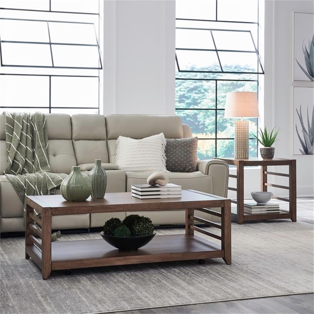 Pemberly Row 3-Piece Living Room Table Set, Harvest Brown Wood Finish, Poplar and Maple Veneers, Includes Cocktail Table with Casters and 2 End Tables, Shaker Style, Storage Shelves for Living Room