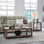 Pemberly Row 3-Piece Living Room Table Set, Harvest Brown Wood Finish, Poplar and Maple Veneers, Includes Cocktail Table with Casters and 2 End Tables, Shaker Style, Storage Shelves for Living Room