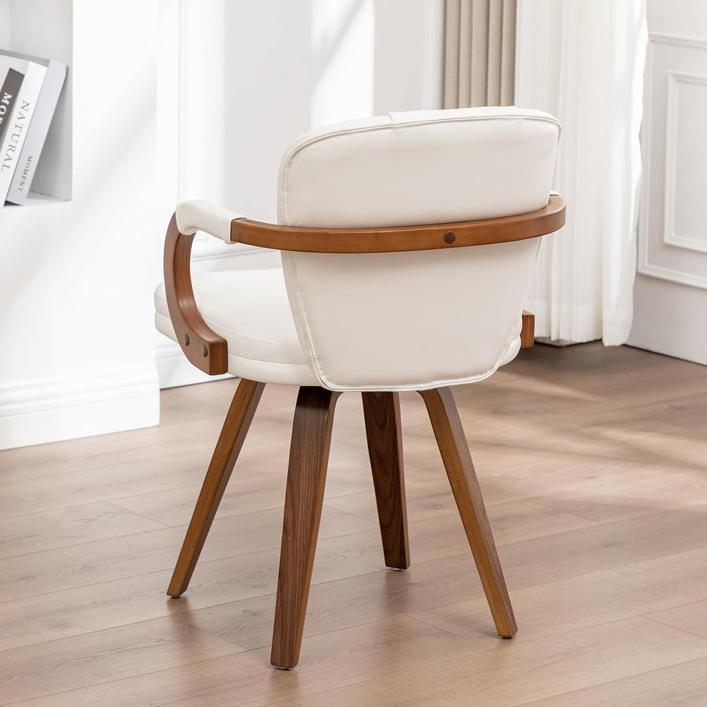 Swivel Dining Chairs Set of 2 Mid Century Modern White Faux Leather Upholstered Kitchen Chairs with Bentwood Frame Armrests Side Chairs,Comfortable Ergonomic Wood Accent Chair No Wheels