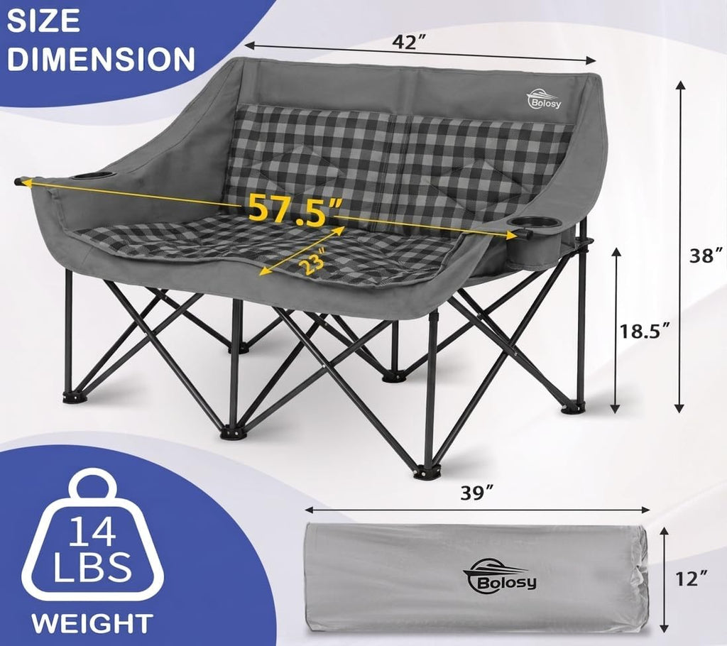 Bolosy Double Camping Chair Oversized Loveseat Heavy Duty 2 Person Camp Chair with Cup Holder Lawn ChairDuo Chair for Camping, Beach, Lawn, Picnics, Fishing, Sports,Supports 650 LBS, Grey